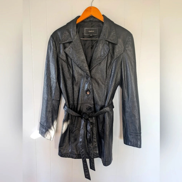 Colebrook Black Leather Belted Jacket XL Long Cinched Waist Coat Vintage Style - Picture 7 of 7